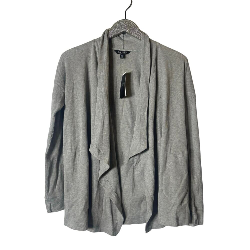Lauren Ralph Lauren Waffle Knit Gray Open Cardigan NEW